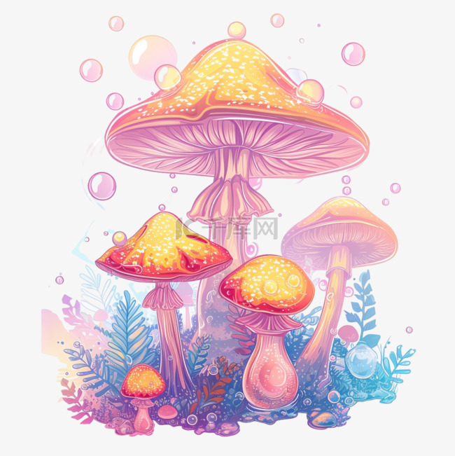 植物蘑菇彩色梦幻免抠元素插画