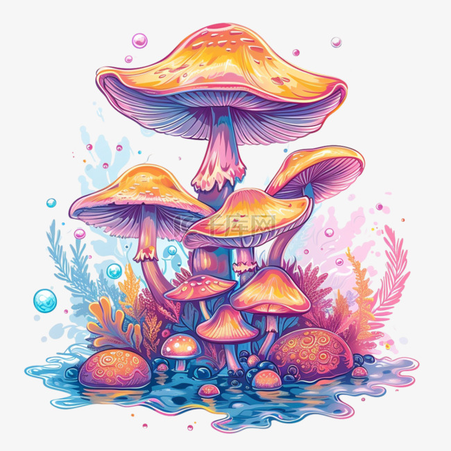 蘑菇彩色梦幻插画免抠植物元素