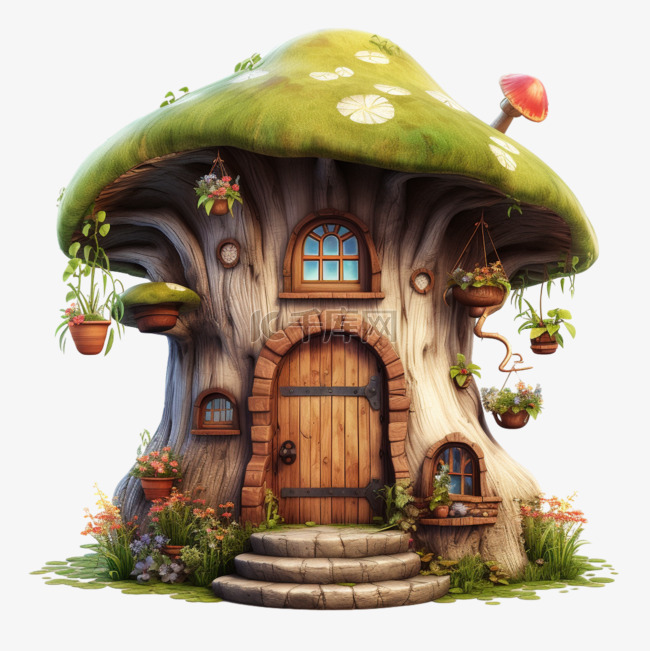 艺术蘑菇树屋元素立体免抠图案