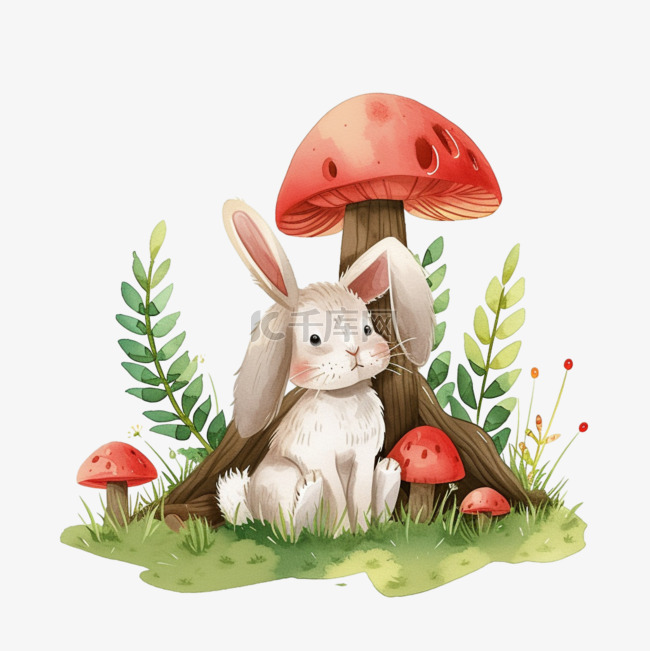 春天花草可爱兔子植物手绘元素