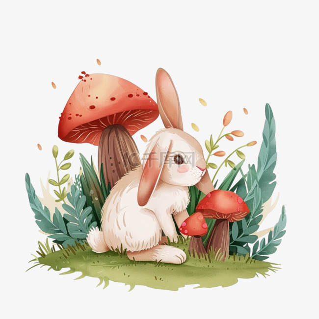 可爱兔子植物花草手绘春天元素