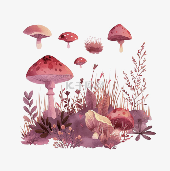 春天手绘植物蘑菇插画免抠元素