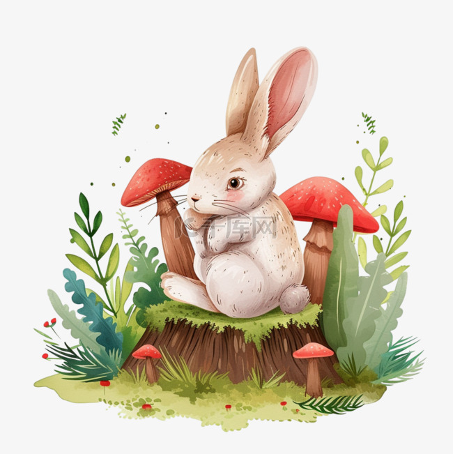 春天可爱兔子元素植物花草手绘