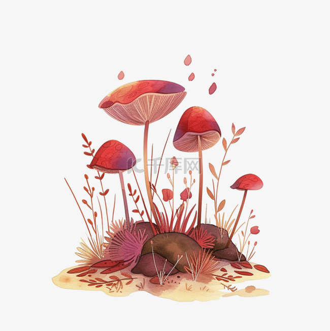 植物蘑菇春天手绘插画免抠元素