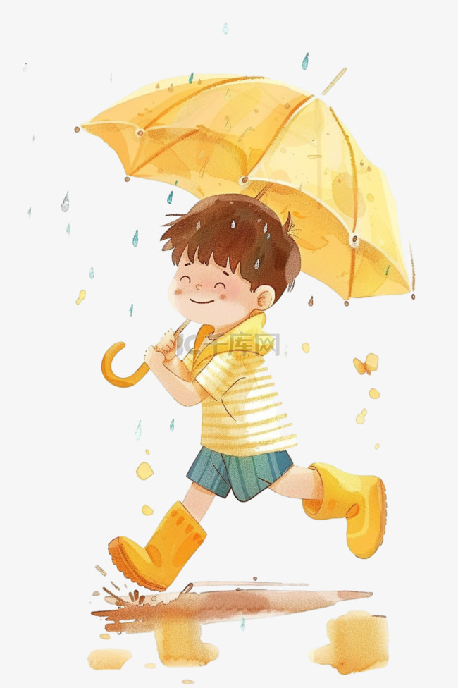 可爱男孩雨中玩耍手绘卡通元素