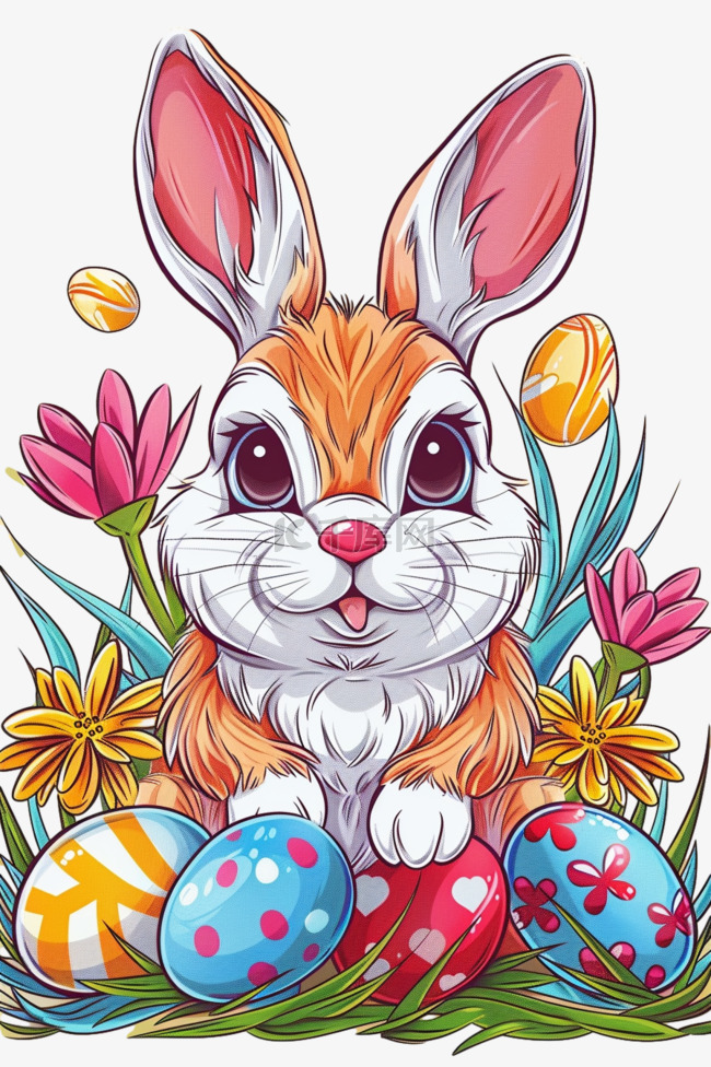 可爱兔子彩色描边手绘卡通元素