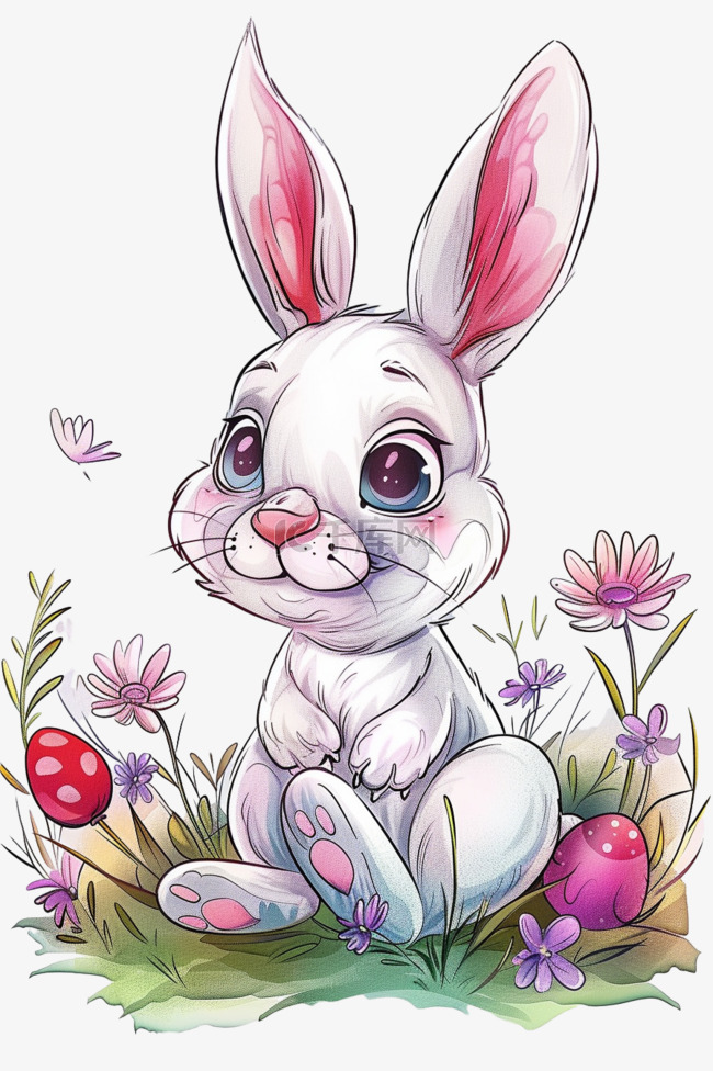 可爱兔子手绘彩色描边卡通元素