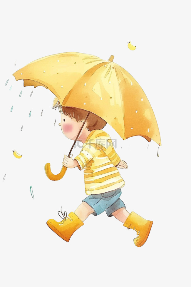 可爱男孩雨中玩耍卡通手绘元素