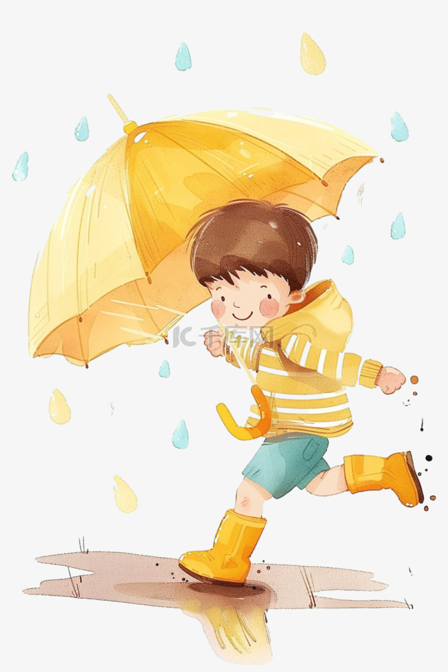 可爱男孩手绘雨中玩耍卡通元素