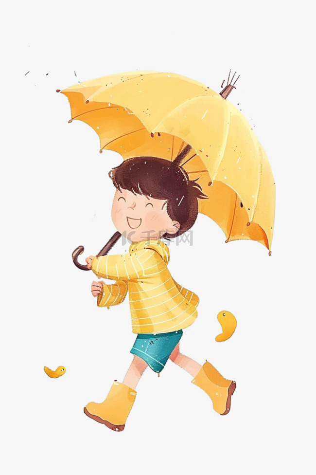 可爱男孩雨中玩耍手绘元素卡通