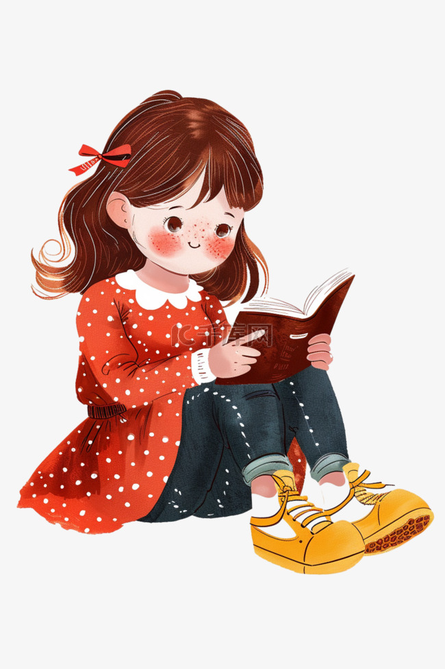 手绘元素可爱的女孩坐着读书卡通