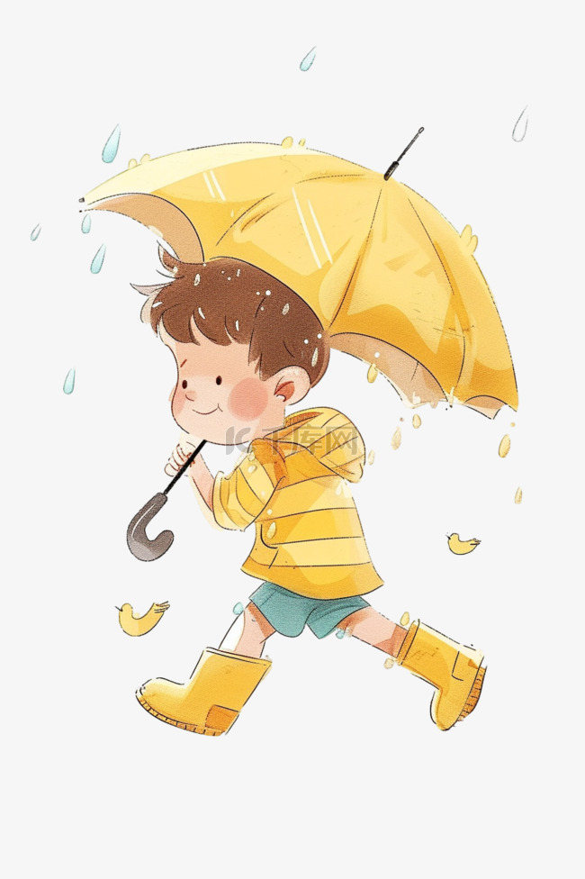 可爱男孩雨中玩耍卡通元素手绘