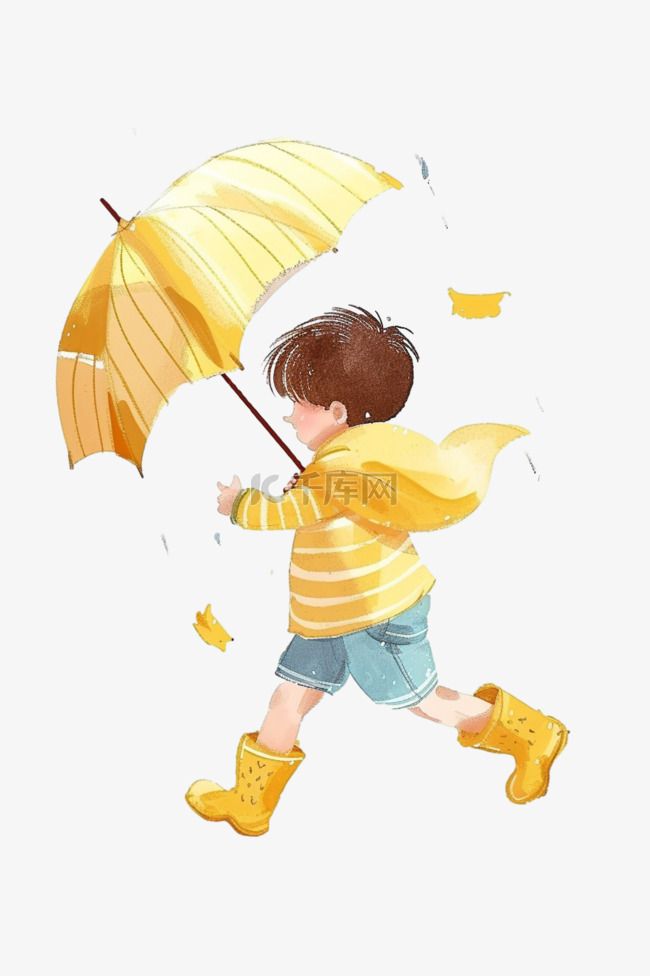 手绘元素可爱男孩雨中玩耍卡通