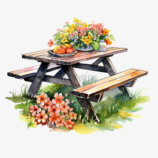 图形草地木椅元素立体免抠图案