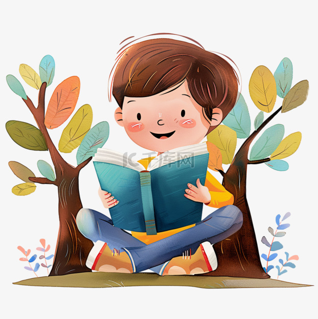 可爱男孩树下读书元素卡通手绘
