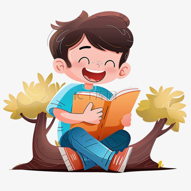 可爱男孩手绘元素树下读书卡通