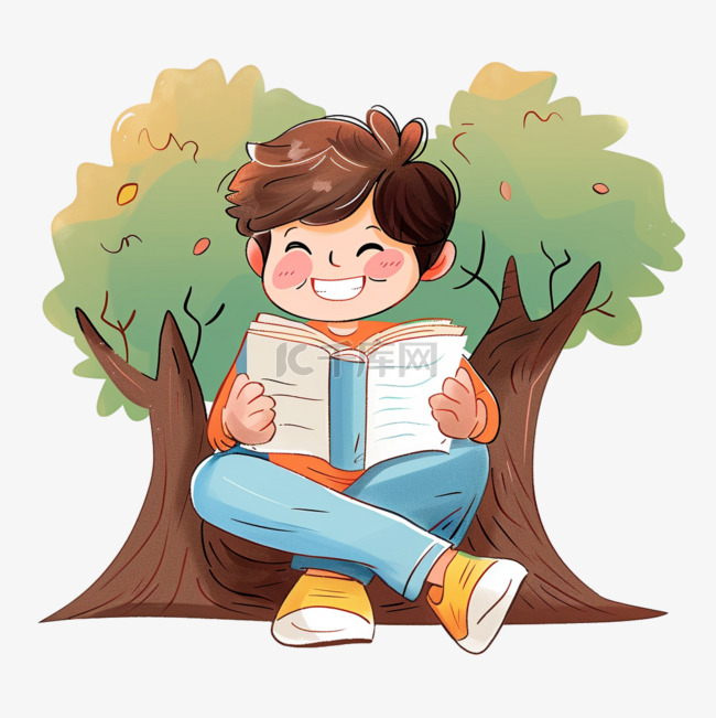 卡通可爱男孩元素树下读书手绘