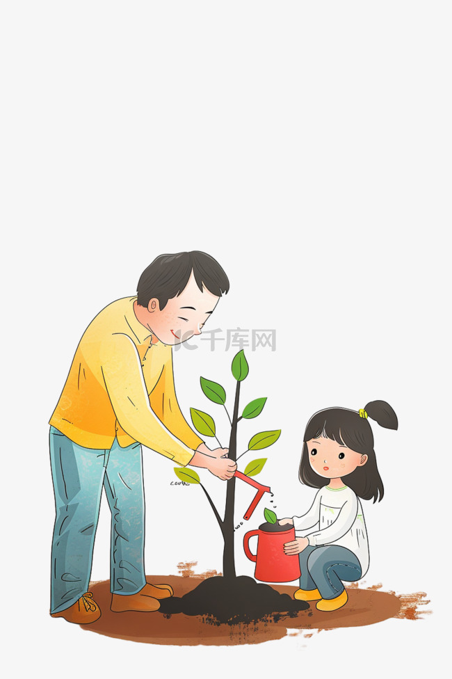 植树节卡通手绘可爱孩子植树元素