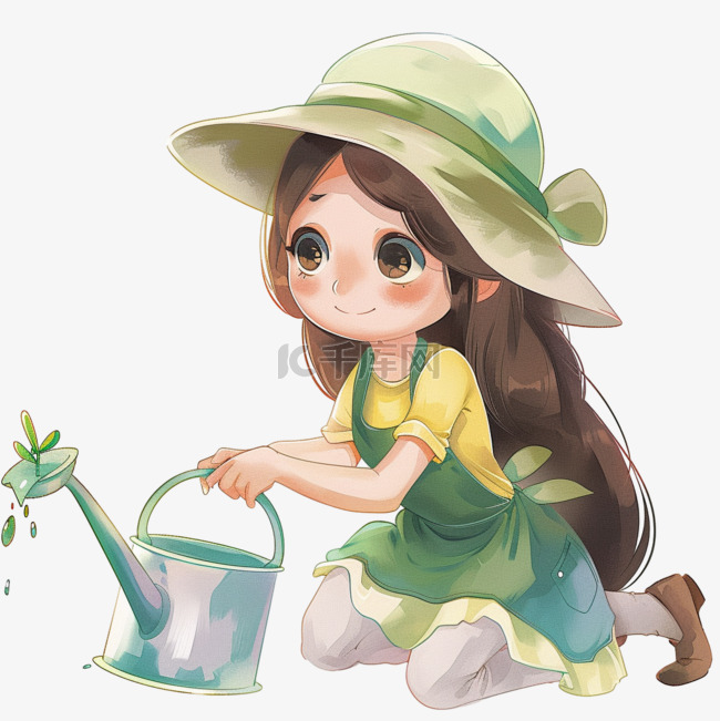 可爱女孩浇水种树手绘卡通元素