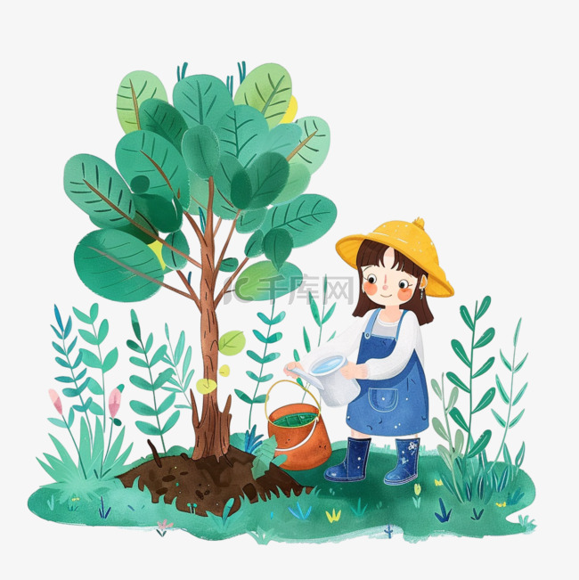 植树节卡通手绘女孩植树元素