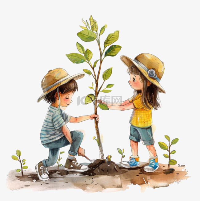 植树节卡通手绘2个孩子植树元素