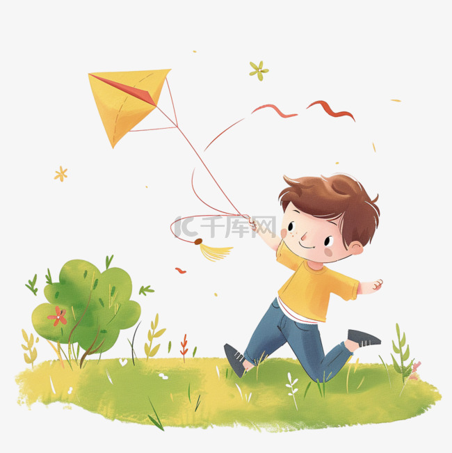 春天男孩放风筝手绘元素卡通