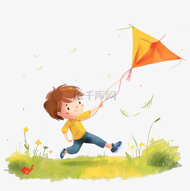 春天男孩放风筝元素卡通手绘