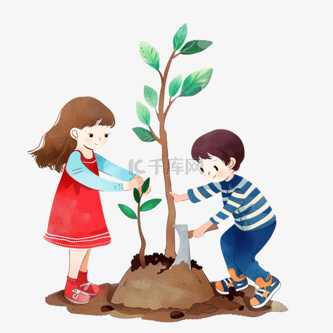 植树节一家人手绘植树插画元素