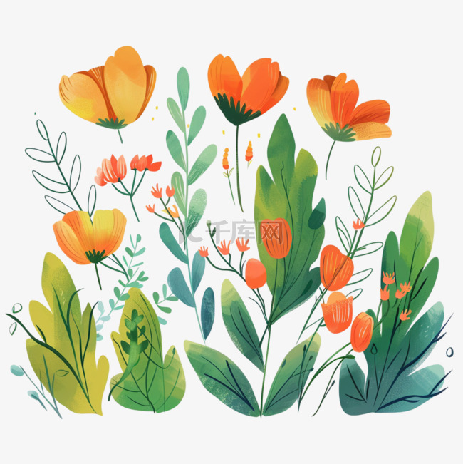 春天手绘植物花朵卡通元素