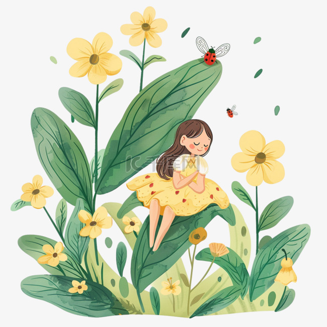 插画春天女孩植物花朵手绘元素