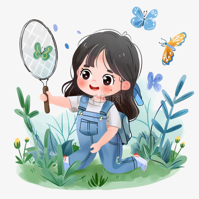 手绘春天女孩抓蝴蝶植被卡通元素