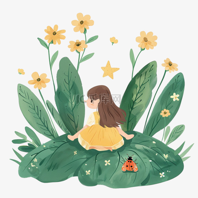 女孩植物花朵春天手绘插画元素