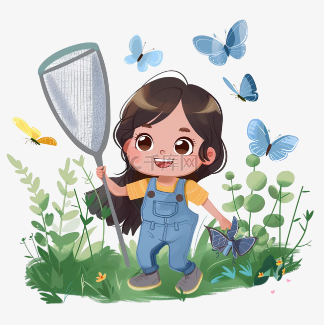 女孩抓蝴蝶植被卡通春天手绘元素