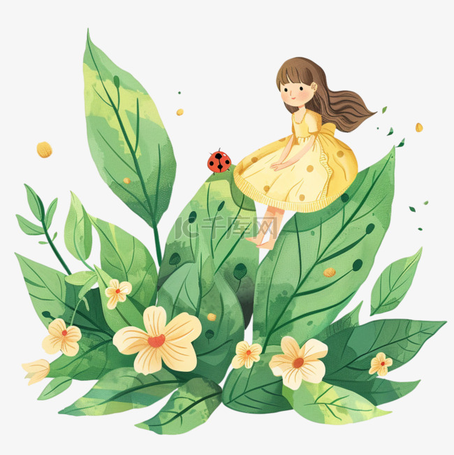 手绘插画春天女孩植物花朵元素