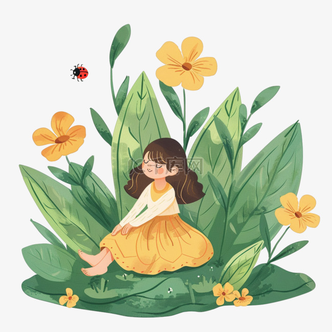 春天女孩植物花朵插画元素手绘