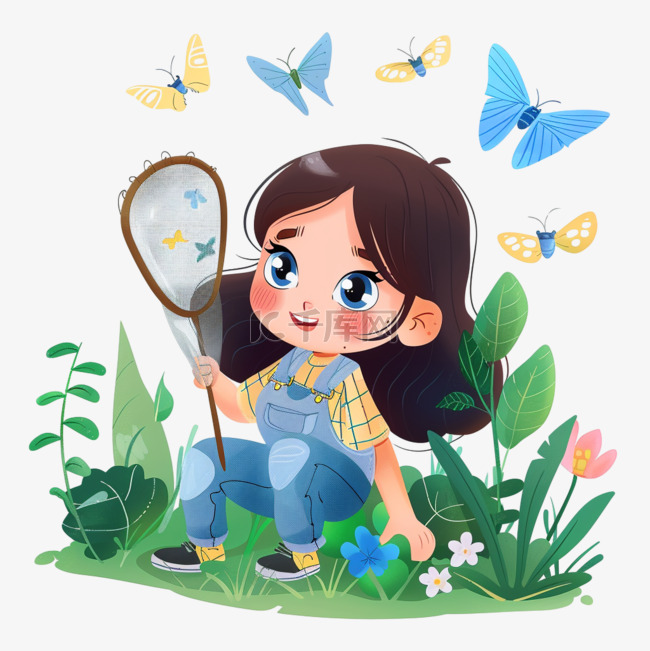 女孩抓蝴蝶植被春天卡通手绘元素