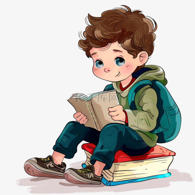 元素手绘可爱的男孩读书卡通