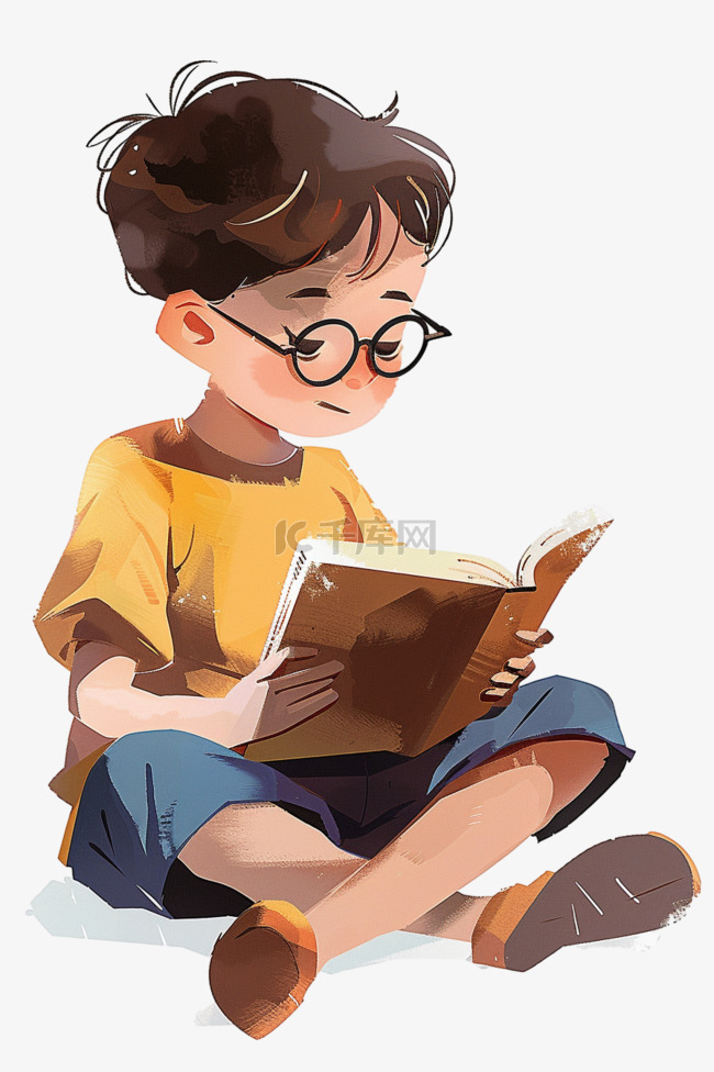 男孩读书手绘插画元素