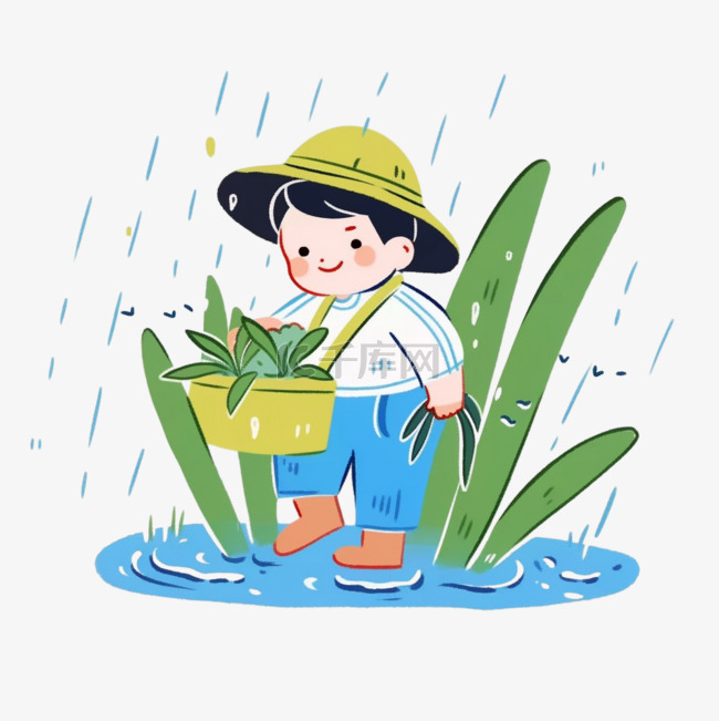 谷雨时节卡通风格儿童植物下雨免