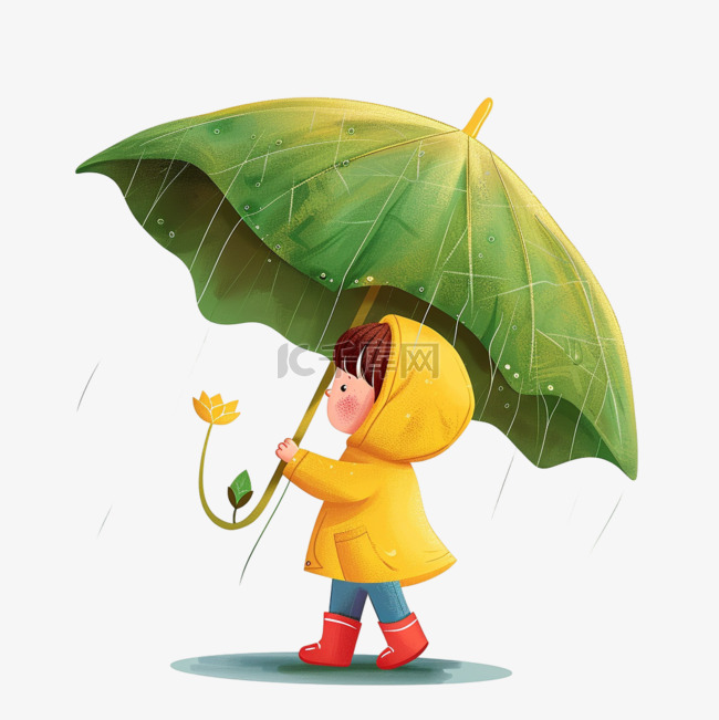 清明元素雨季孩子遮伞手绘卡通