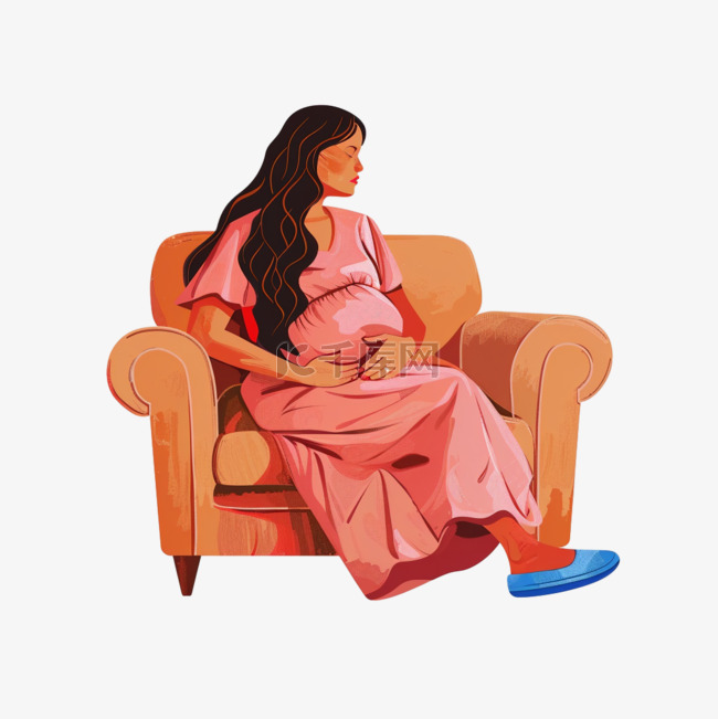 女人孕妇坐在沙发上手绘慵懒元素