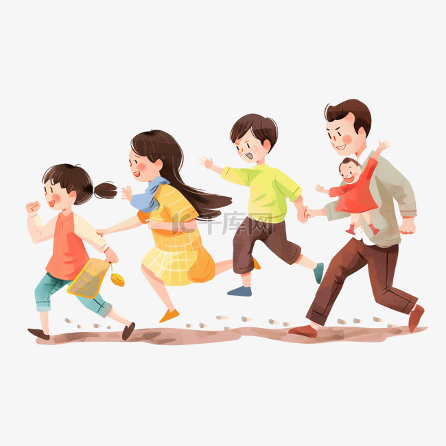 一家人奔跑卡通手绘春天元素