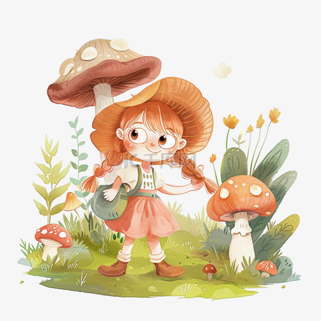 春天元素可爱女孩植物蘑菇手绘