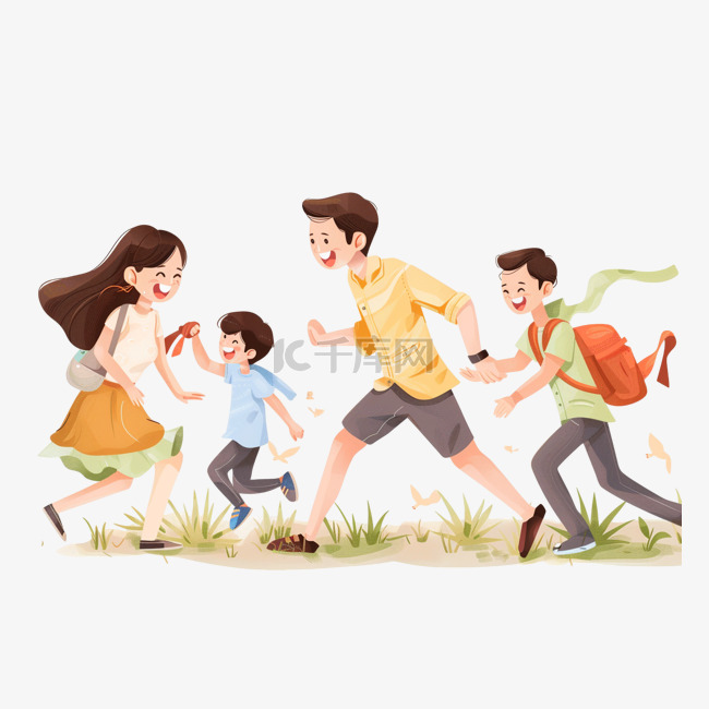 一家人奔跑卡通手绘春天元素