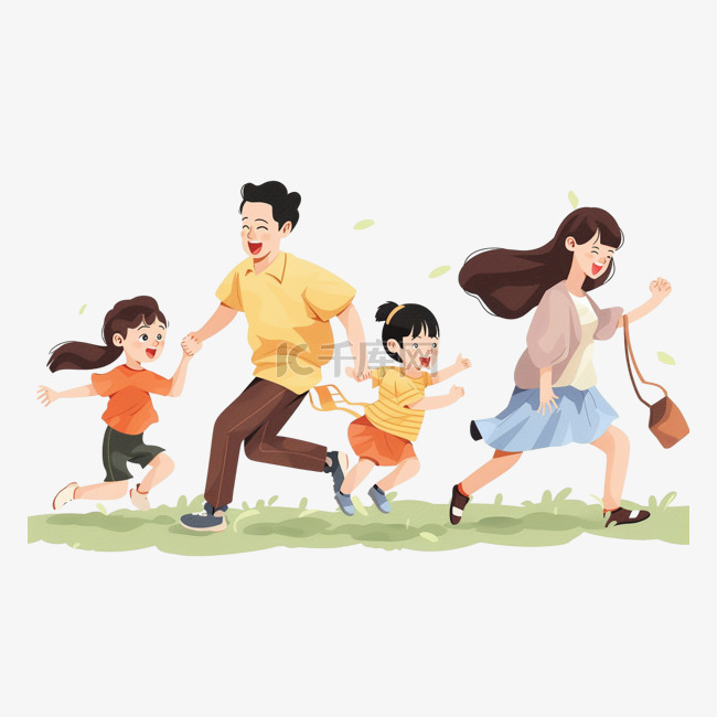 春天手绘一家人奔跑卡通元素