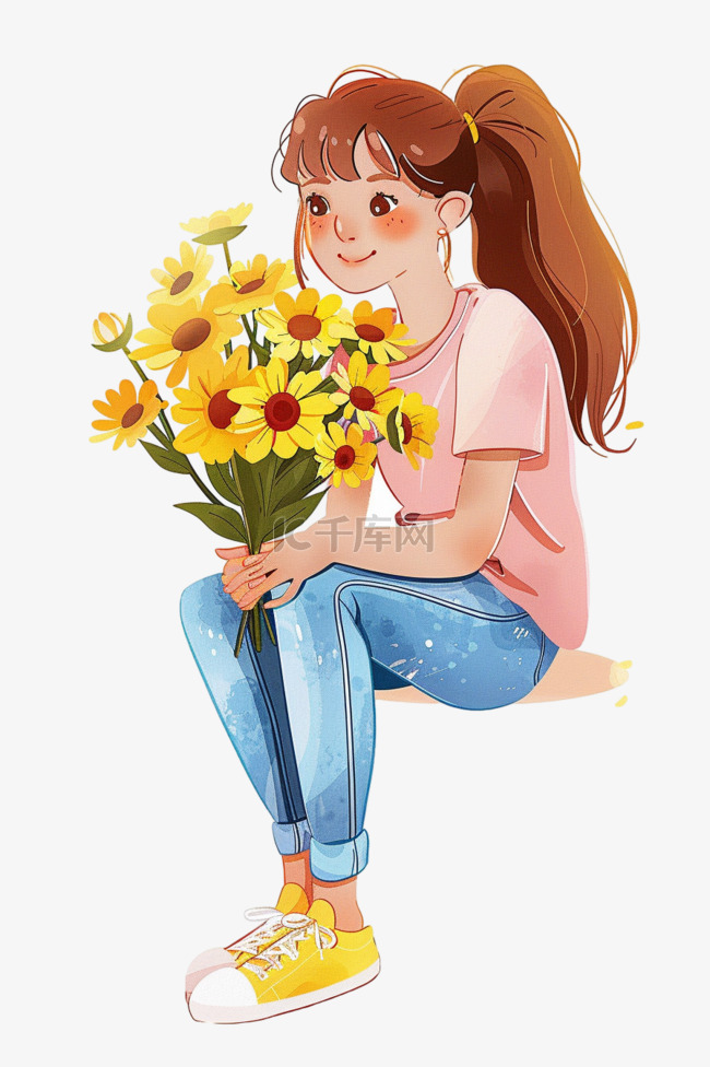 春天卡通手绘女孩鲜花元素