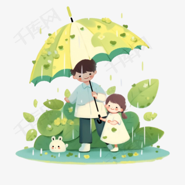 谷雨卡通风格儿童植物下雨设计图