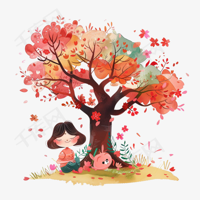 读书日可爱孩子树下读书手绘元素