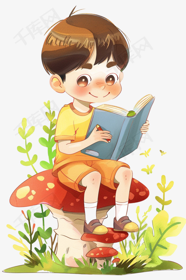 可爱男孩看书草地卡通元素手绘