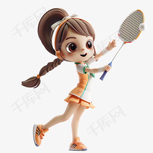 女孩开心3d免抠打网球元素